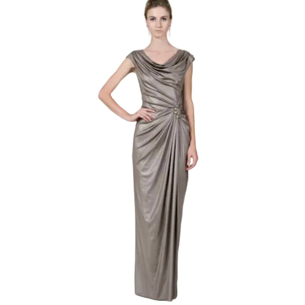Tadashi Shoji Side Ruched Cap Sleeves Maxi Dress Size XS NWT Bronze
